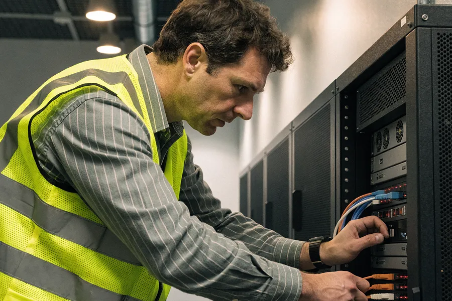 Technician in a striped shirt and yellow safety vest working on network cables in a server room rack.