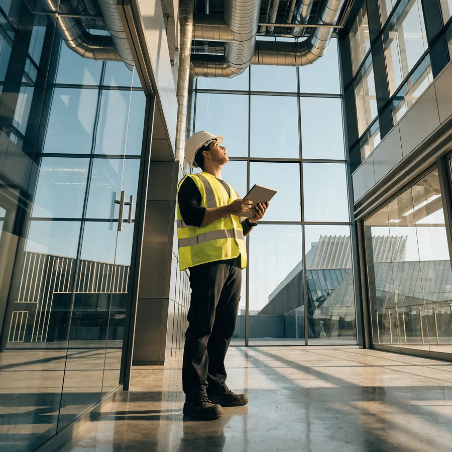 Construction worker in a safety vest and helmet inspecting ductwork inside a modern glass building while holding a tablet.
