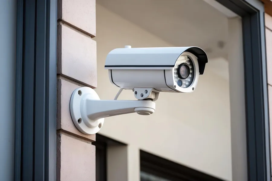 White security camera mounted on an exterior brick wall near a window.