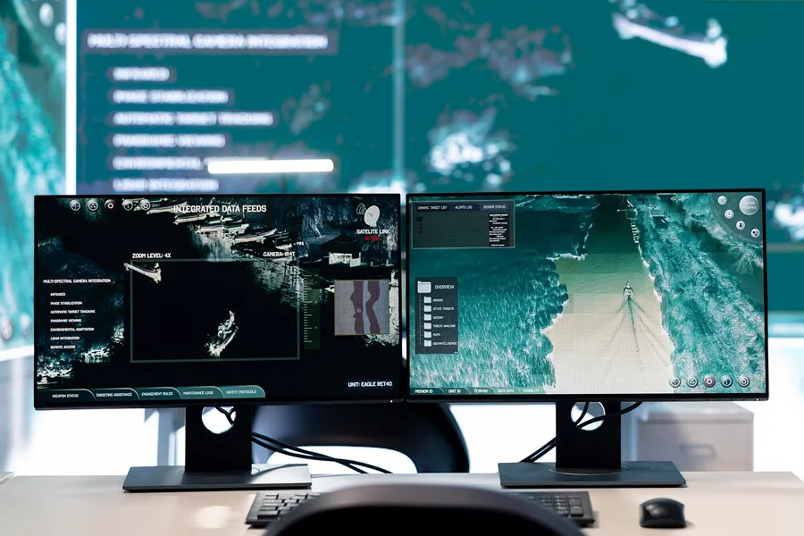 Dual computer monitors on a desk displaying integrated data feeds and aerial surveillance imagery of a boat in a waterway.