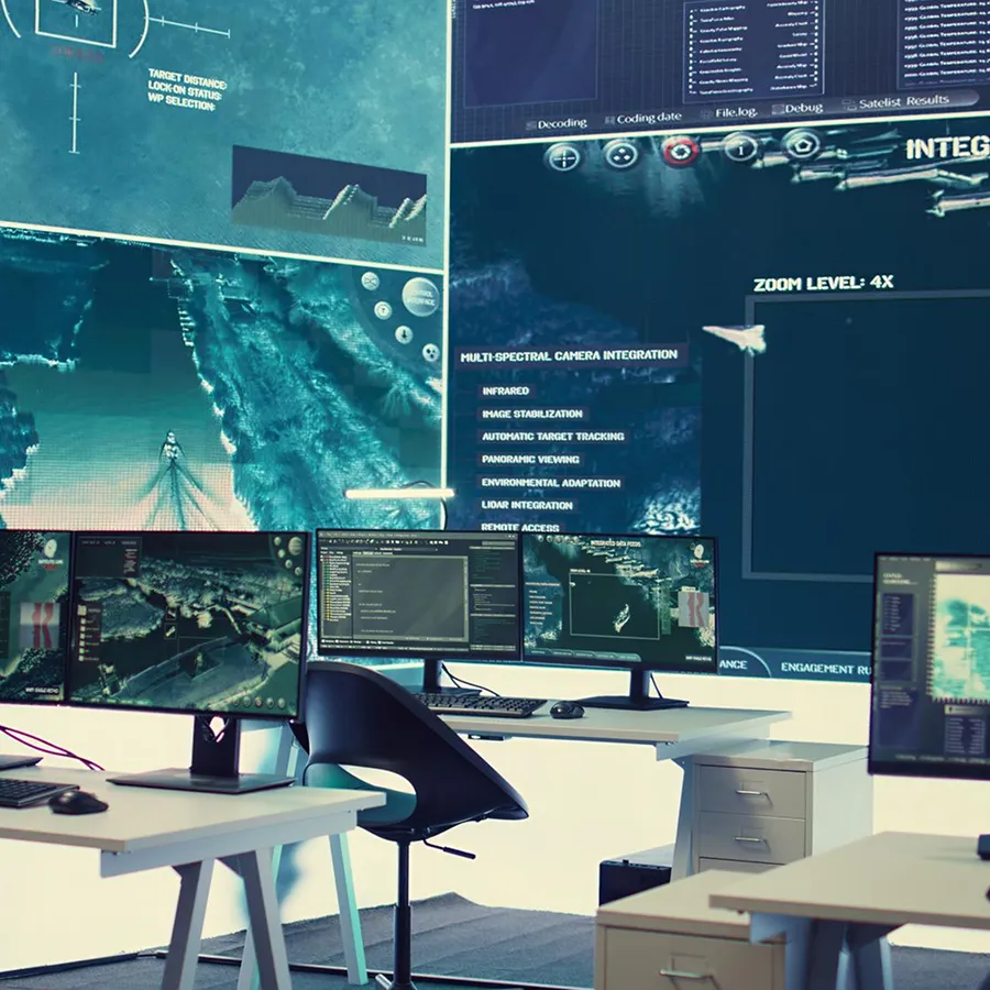 Control room with multiple computer monitors displaying maps, satellite images, and multi-spectral camera integration data.