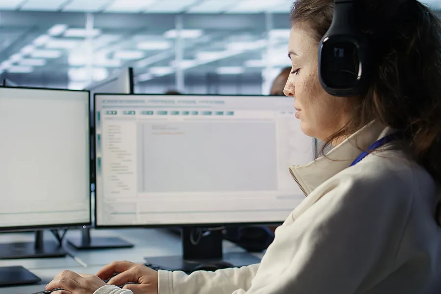 Woman wearing headphones working on a computer with dual monitors in an office.
