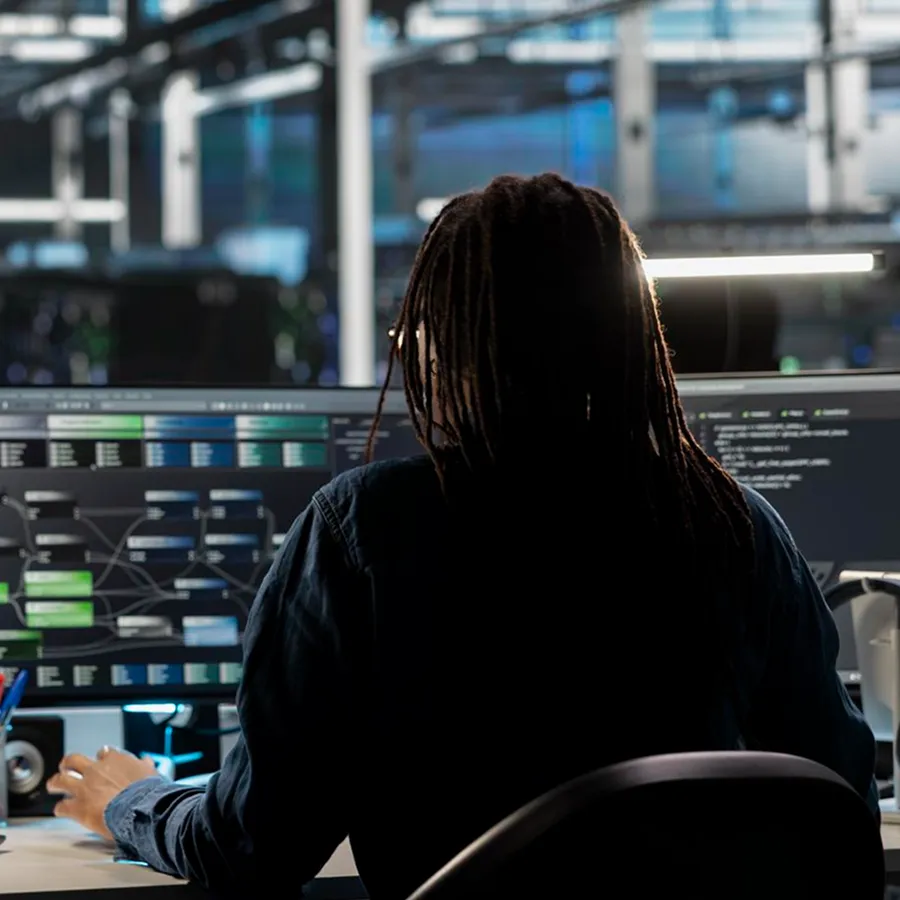 Person with dreadlocks working at a desk with multiple computer monitors displaying code and data flows in a tech office.