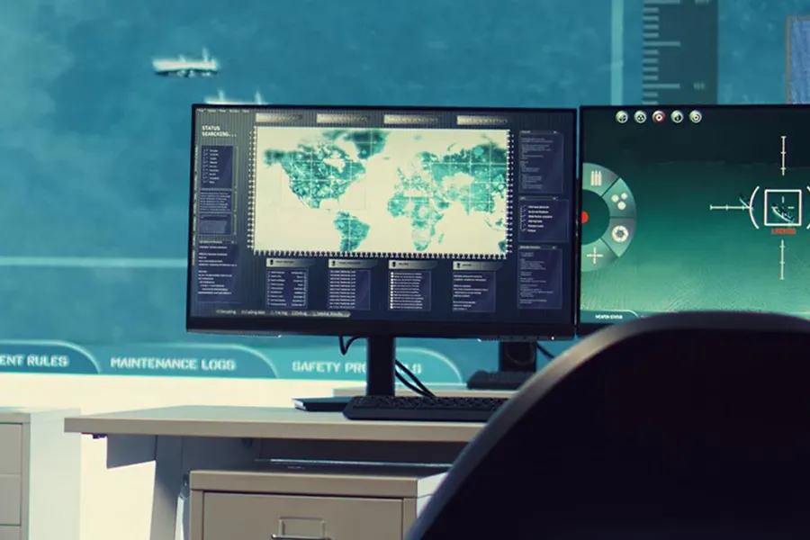 Computer workstation with dual monitors showing a world map and radar-like interface in a control room.