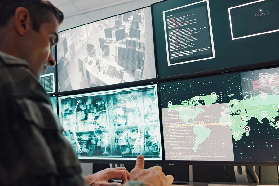 Man monitoring multiple digital surveillance screens showing a world map with location markers, security footage, and data code.
