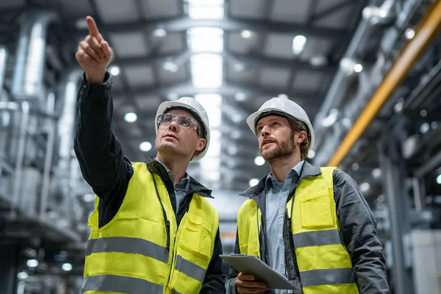 Two engineers wearing white helmets and yellow safety vests inside a factory, one pointing and the other holding a tablet.