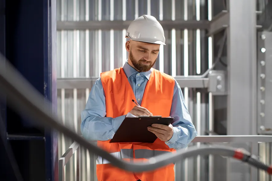 Construction worker in orange safety vest and white hard hat writing on a clipboard inside an industrial facility.