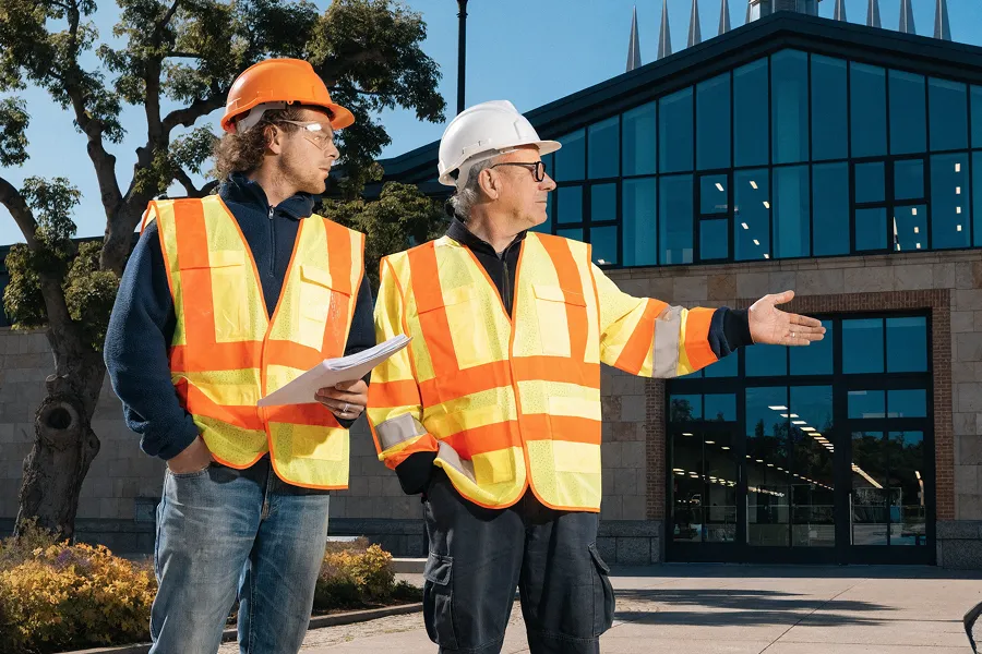 Two construction workers wearing safety vests and helmets, one holding papers and the other pointing in front of a modern building.