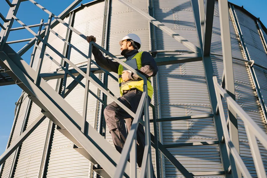 Construction worker wearing a white hard hat and yellow safety vest climbing a metal staircase by a large industrial silo.