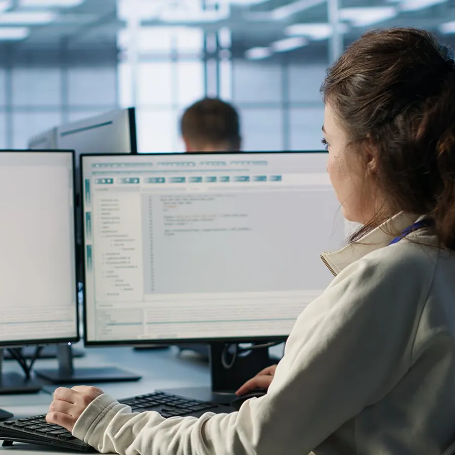 Woman working on a computer with dual monitors displaying code in an office setting.