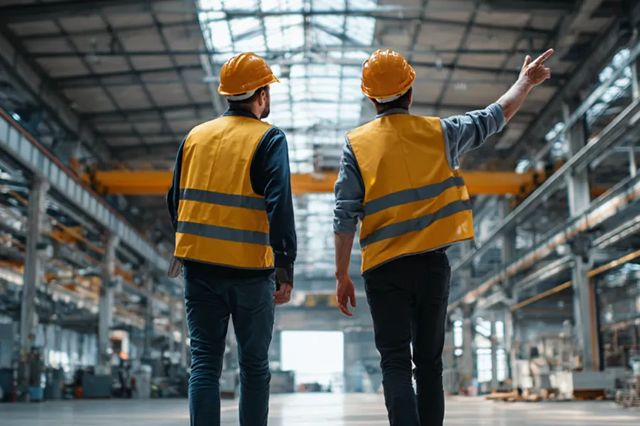 Two construction workers wearing orange helmets and reflective vests walking inside a large industrial warehouse, one pointing ahead.