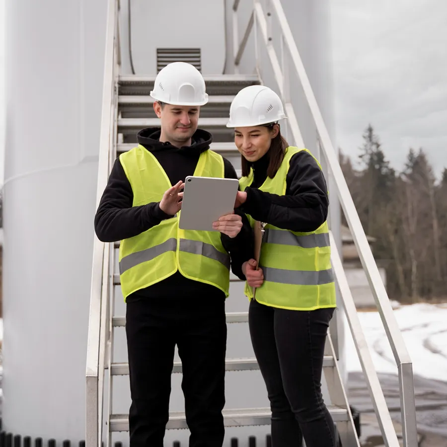 Two construction workers wearing white hard hats and yellow safety vests looking at a tablet in an outdoor industrial setting.