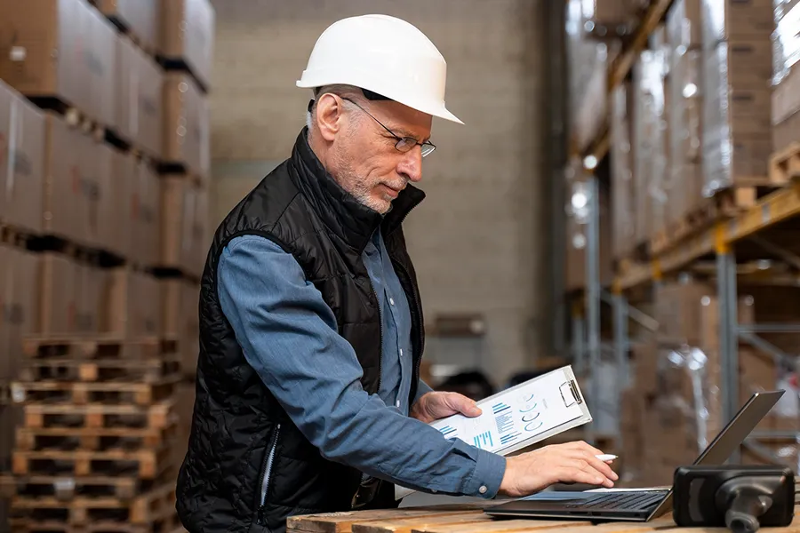 Man wearing a white hard hat and black vest working on a laptop and holding a clipboard in a warehouse with stacked boxes.