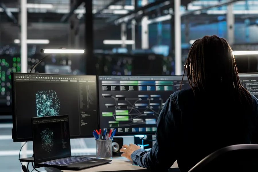 Person with dreadlocks working at a desk with a laptop and two large monitors displaying data and network visualizations in a dimly lit office.