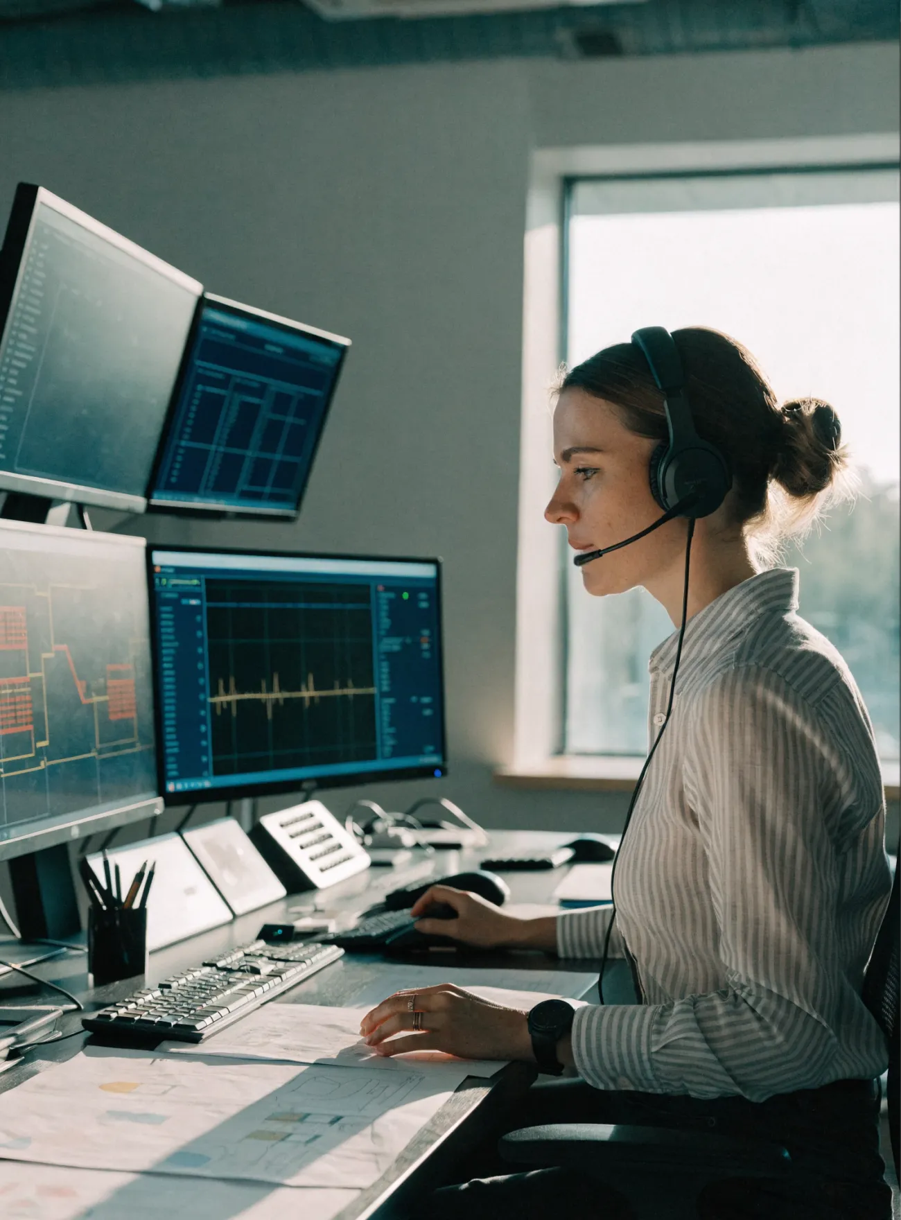 Woman with headset working at a desk with multiple monitors displaying data graphs and charts.