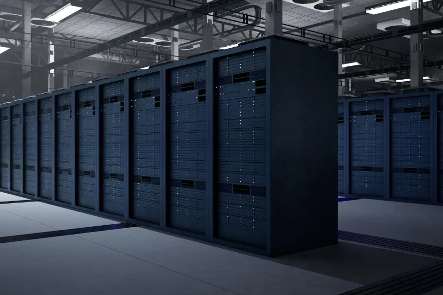 Rows of black server racks with blinking blue lights in a large data center room.