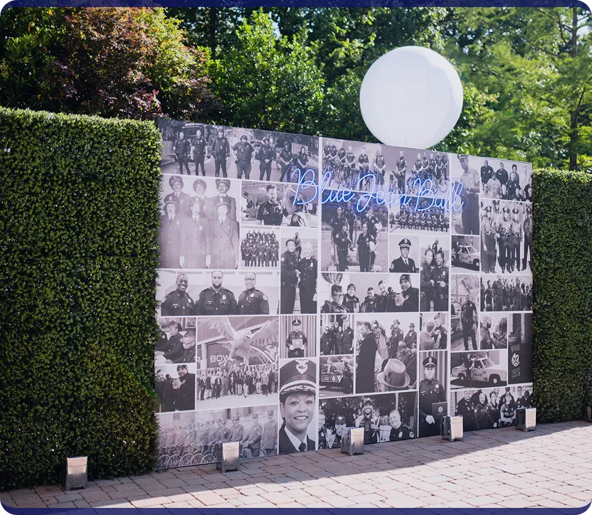 Photo collage banner featuring police officers in various group and individual portraits with the neon text 'Blue Jean Ball' outdoors.
