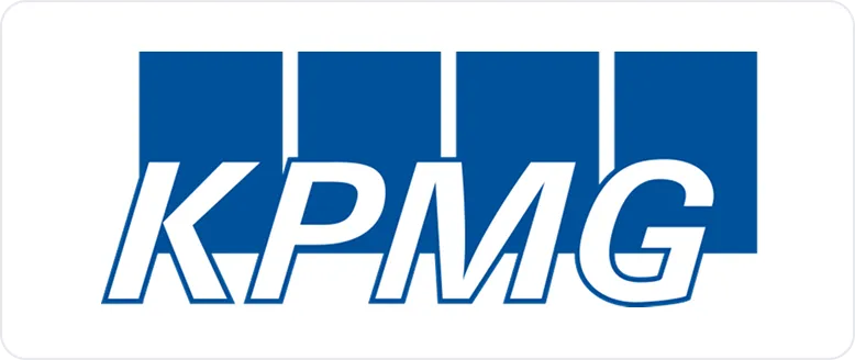 KPMG company logo with white letters on a blue rectangular background.