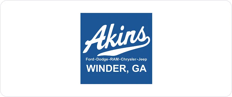 Akins car dealership logo with brands Ford, Dodge, RAM, Chrysler, Jeep, located in Winder, GA.