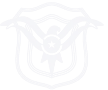 Blue badge-shaped emblem with a star in a circular ribbon at the center and wavy lines forming the outline.