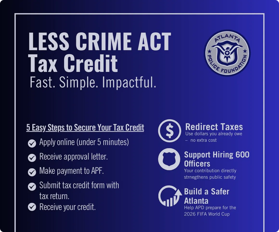 Blue poster for Less Crime Act Tax Credit by Atlanta Police Foundation with steps to secure tax credit and benefits like redirecting taxes, supporting hiring 600 officers, and building a safer Atlanta.