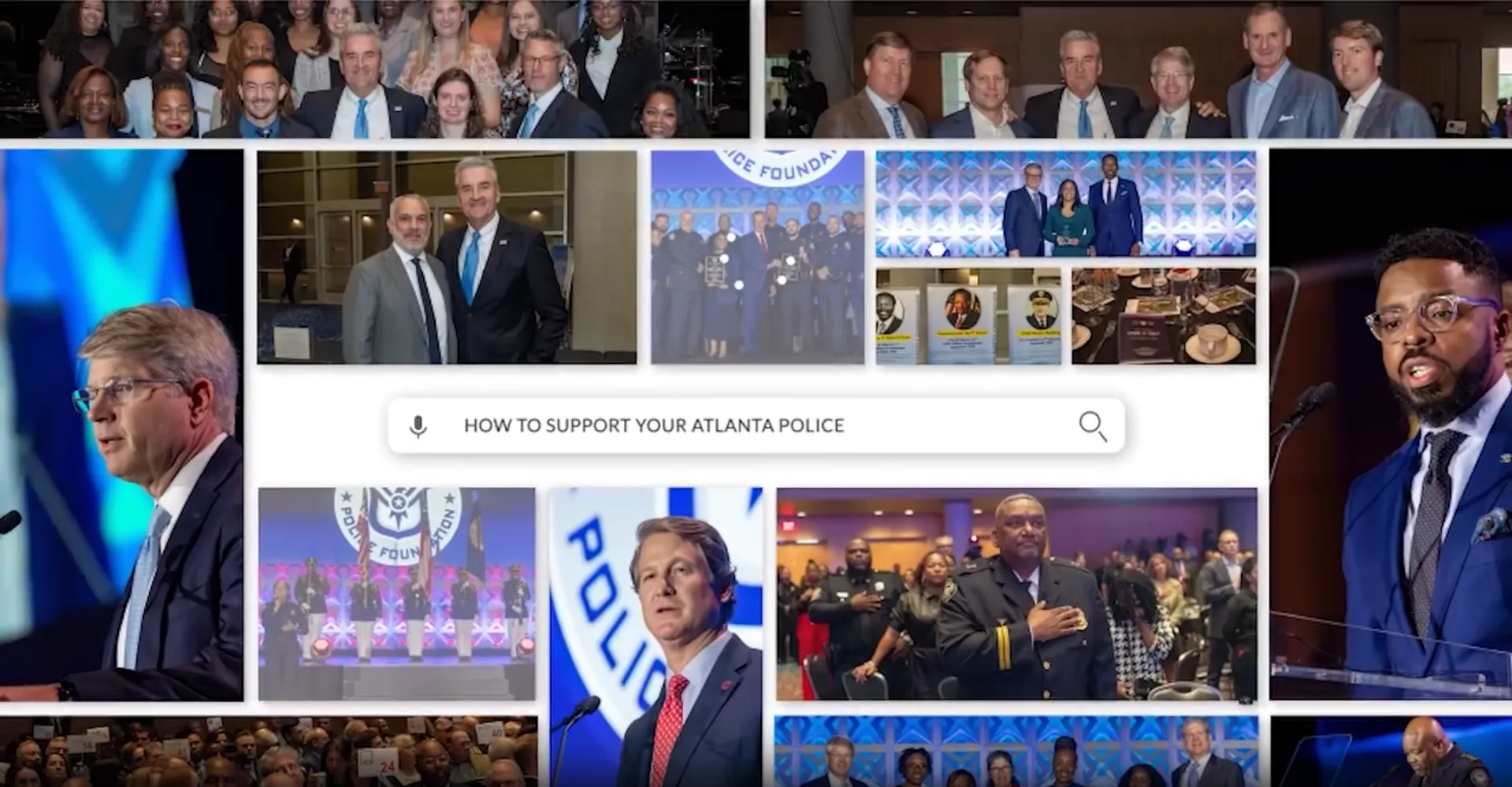 Collage of diverse Atlanta police events including group photos, speeches, award ceremonies, and police officers pledging allegiance.