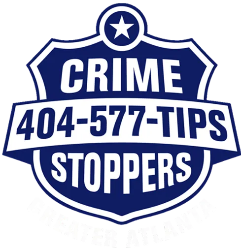 Blue and white badge logo with text 'CRIME STOPPERS' and phone number '404-577-TIPS'.