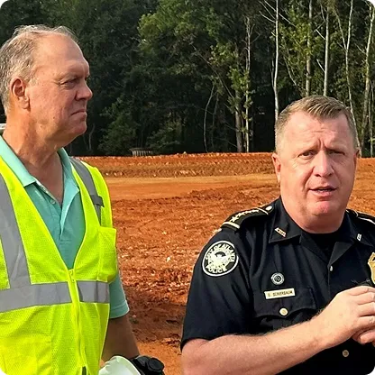 Two men, one in a neon yellow safety vest and the other in a black police uniform, standing outdoors near a cleared dirt area with trees in the background.