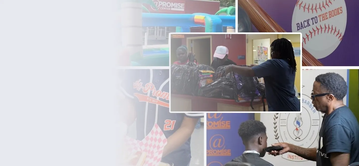 Three images showing community activities: distributing backpacks filled with school supplies, a barber cutting a young man's hair, and a baseball-themed reading promotion.
