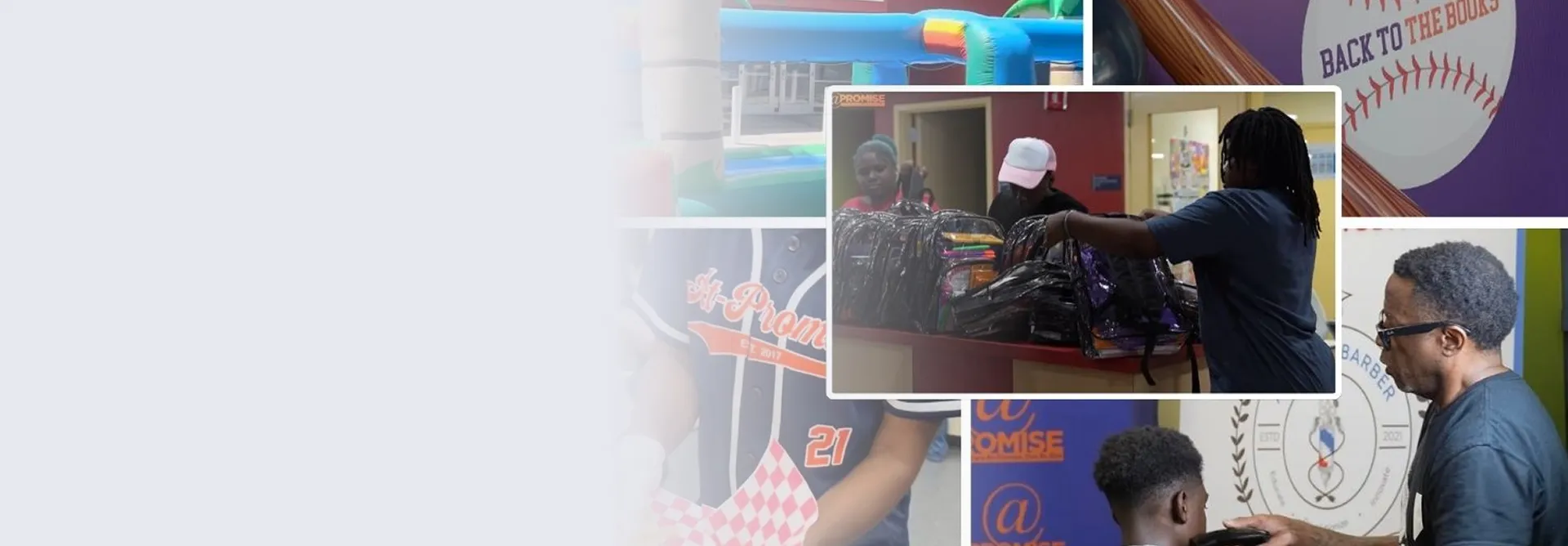 Collage of images showing community activities including distributing backpacks filled with school supplies and a barber cutting a boy's hair.