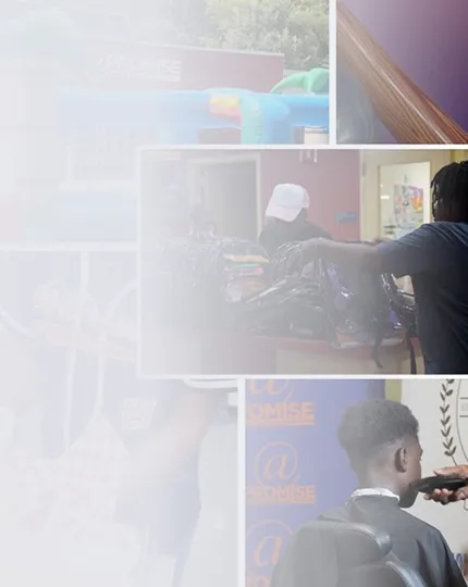 Collage showing a person getting a haircut in a barber chair and another person handing over folded clothes through a service window.