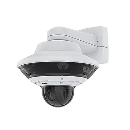 White dome security camera mounted on a wall bracket.