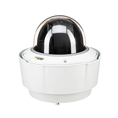 White AXIS brand dome security camera with a black tinted cover.