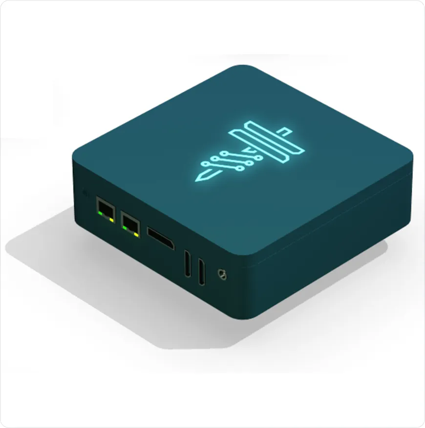 Small dark blue electronic device with glowing circuit sword logo on top, featuring two Ethernet ports, an HDMI port, two USB ports, and a headphone jack on the front side.
