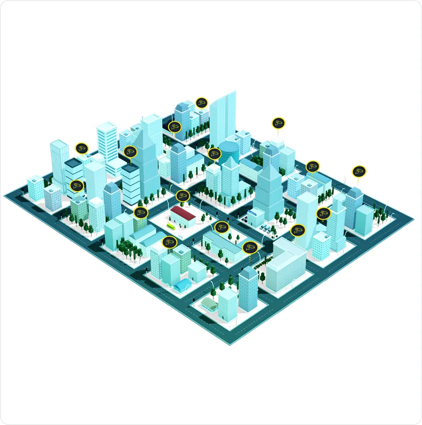 Isometric illustration of a city block with multiple modern buildings, roads, trees, and several location markers featuring a key symbol.