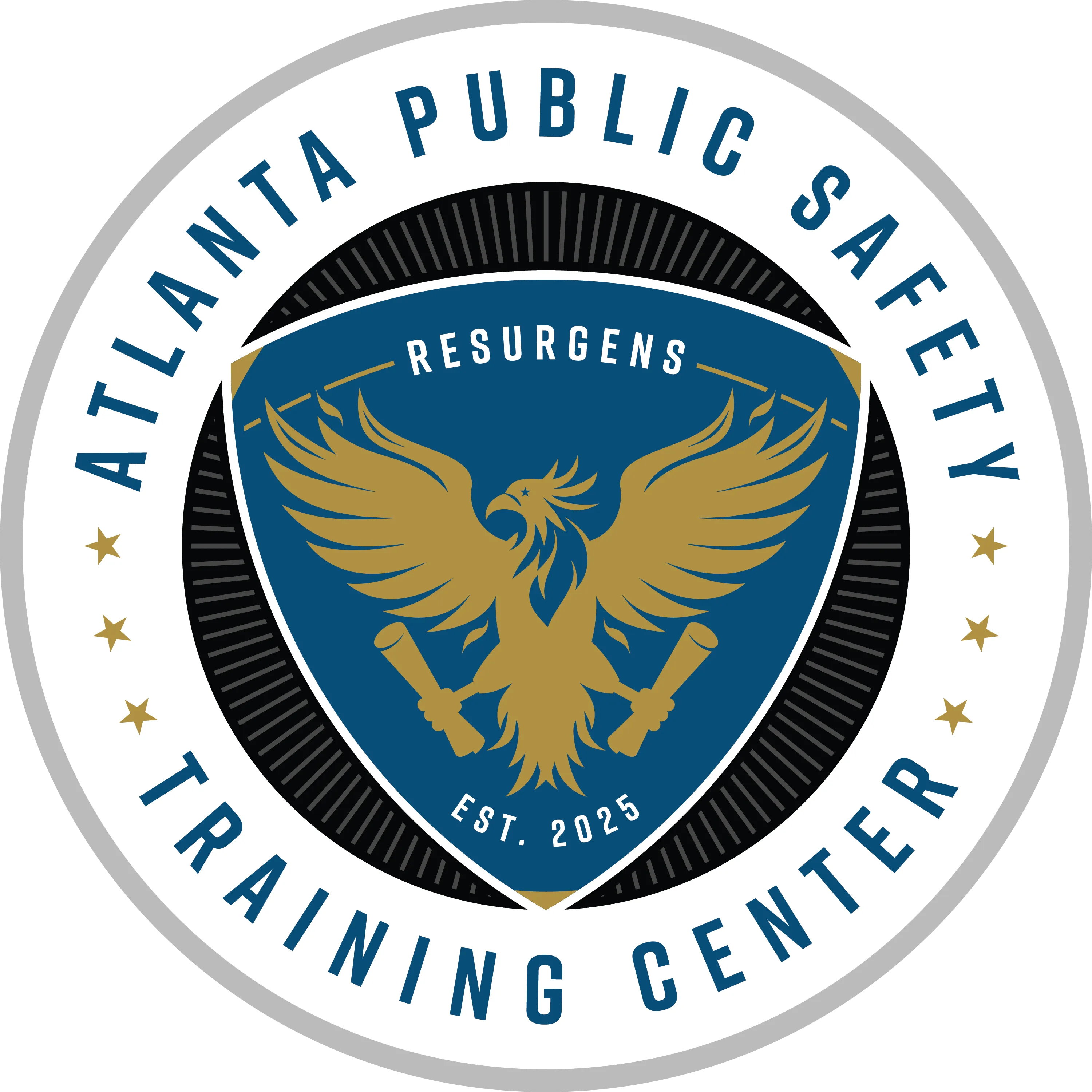 Round emblem of Atlanta Public Safety Training Center featuring a gold phoenix holding scrolls on a blue shield with the words RESURGENS and EST. 2025, surrounded by the center's name and gold stars.
