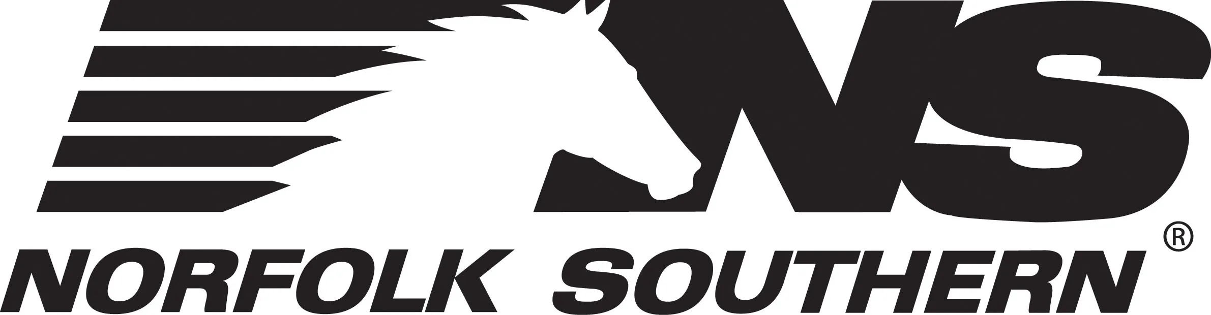 Norfolk Southern logo featuring stylized black letters 'NS' with a horse head silhouette incorporated between the letters and horizontal lines to the left, above the words 'NORFOLK SOUTHERN' in bold uppercase letters.