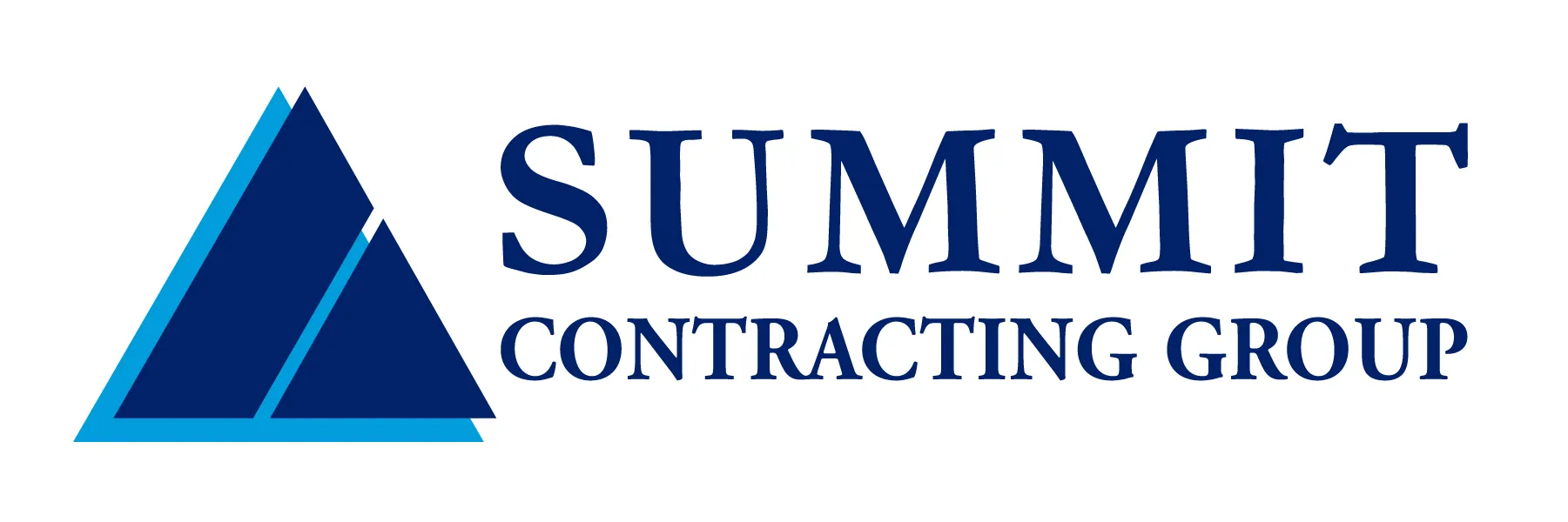 Logo of Summit Contracting Group featuring a stylized blue triangular mountain icon to the left of the company name in dark blue uppercase letters.
