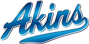 Akins text logo in a bold, italic blue script with white accents and a trailing underline swoosh.