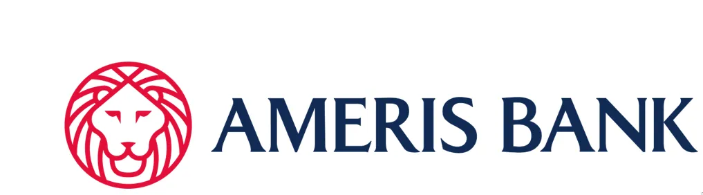 Ameris Bank logo featuring a stylized red lion head icon to the left of bold dark blue text 'AMERIS BANK'.