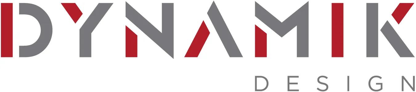 Stylized logo reading 'DYNAMIK' in uppercase letters with a modern font in alternating dark gray and red colors, and the word 'DESIGN' below in smaller gray letters.
