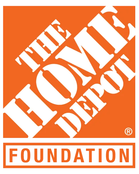 The Home Depot Foundation logo featuring the brand name in white stencil font on an orange square with the word FOUNDATION in orange below in a gray box.
