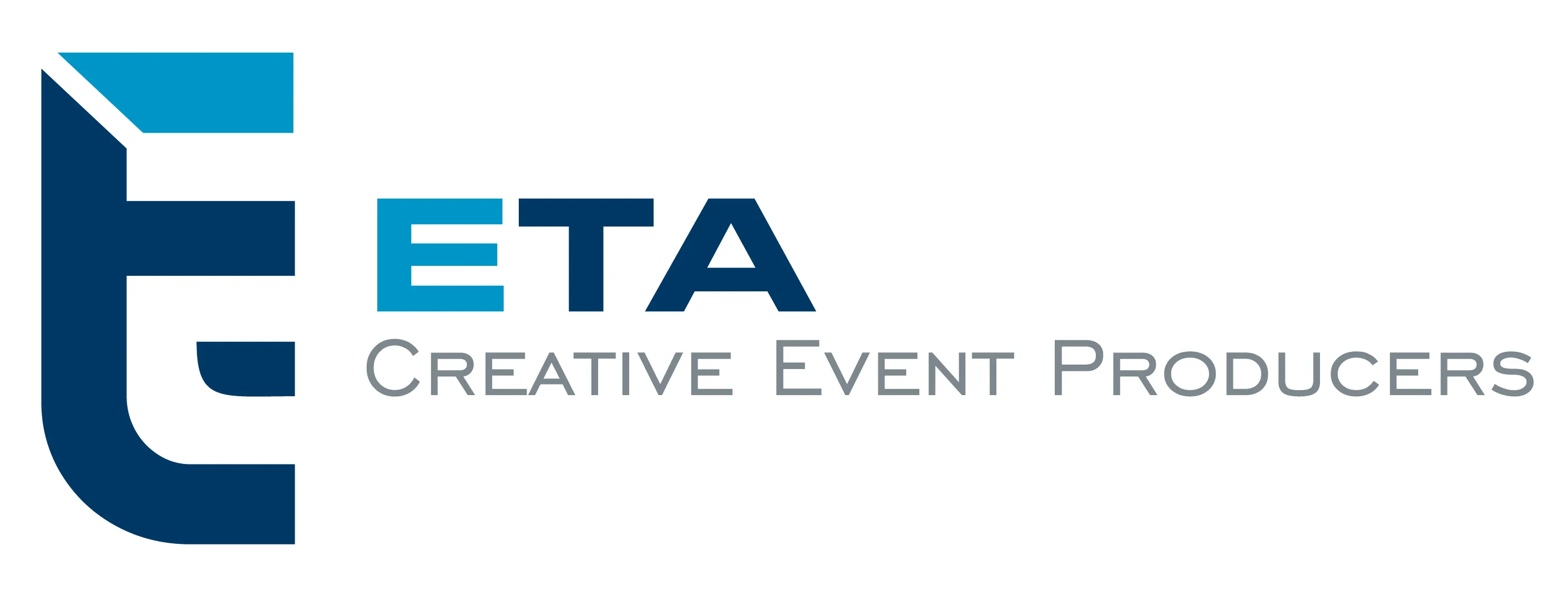 Logo with stylized letters 'E' and 'T' in blue and turquoise to the left, next to the text 'ETA Creative Event Producers' in blue and gray.