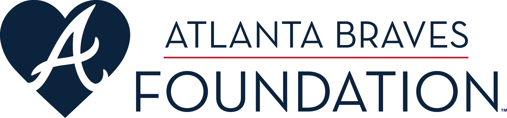 Logo of the Atlanta Braves Foundation featuring a stylized white letter A inside a navy blue heart, with the words 'ATLANTA BRAVES' above a red line and 'FOUNDATION' below in navy blue capital letters.