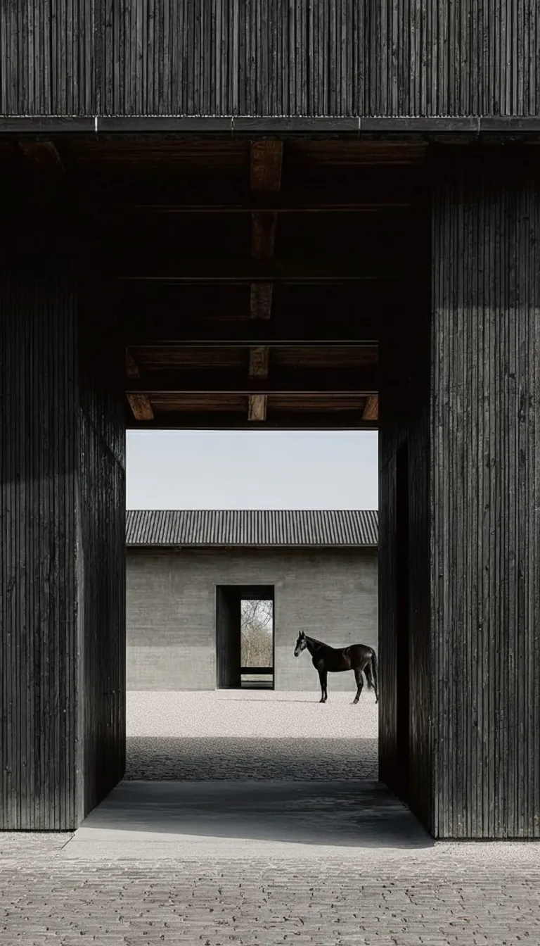 Equestrian estate in Normandy — dark timber-clad stables framing a central courtyard