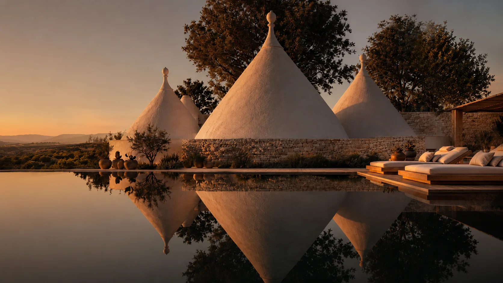 Pool terrace at Tenuta San Biagio at sunset, overlooking the Puglia hillside and the sea