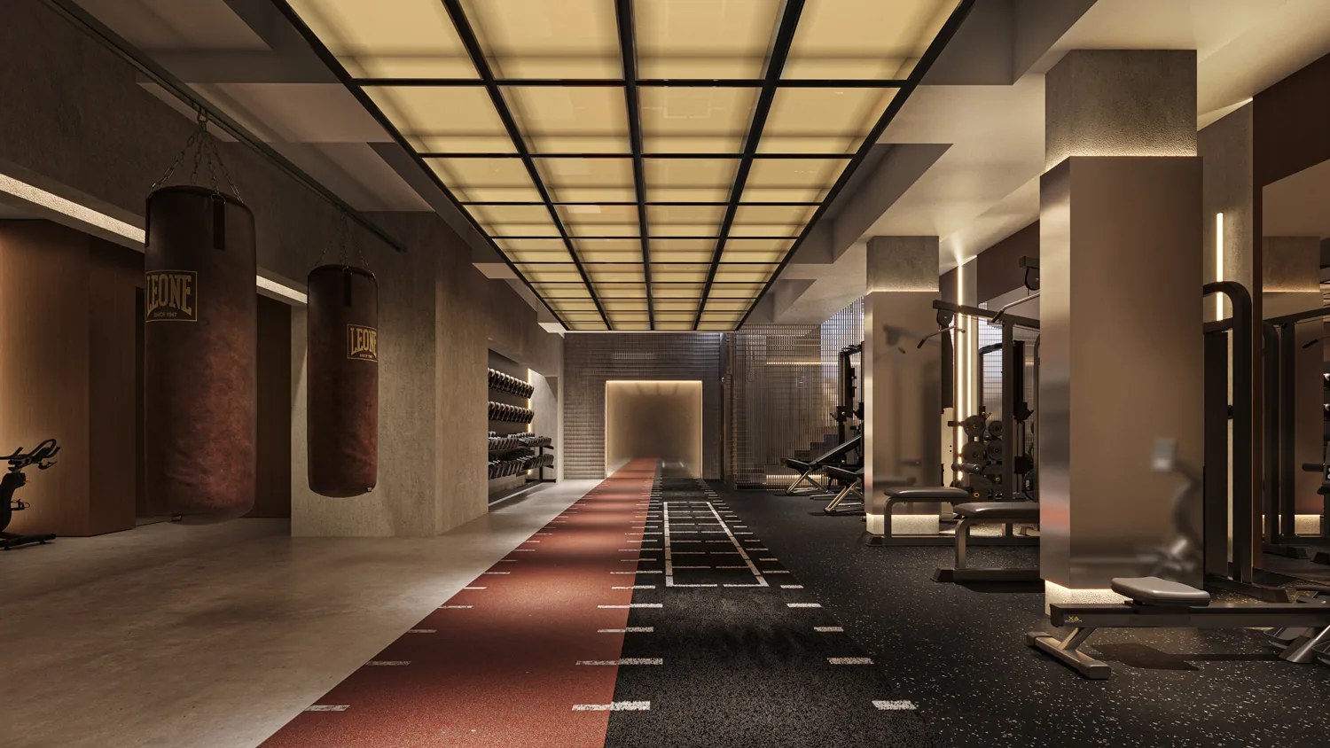 Strength training zone at Momentum Paris with textured walls and brushed metal accents