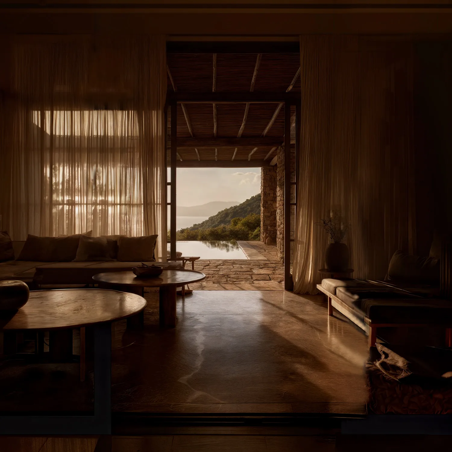Casa d'Avall, Mallorca — living room opening onto the Mediterranean sea view