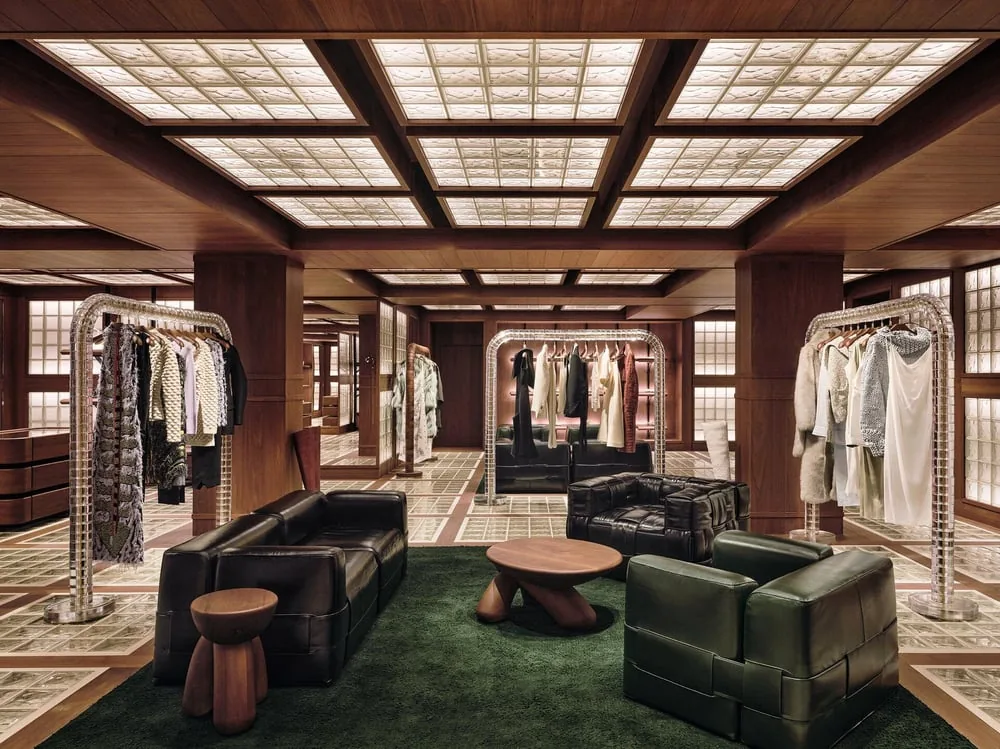 Bottega Veneta boutique in Paris — interior grid of warm wood and glass blocks