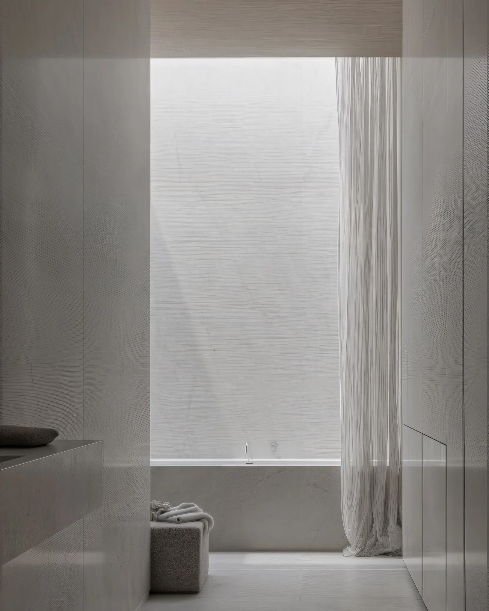 Bathroom detail with natural stone and soft daylight, Saint Prix family house